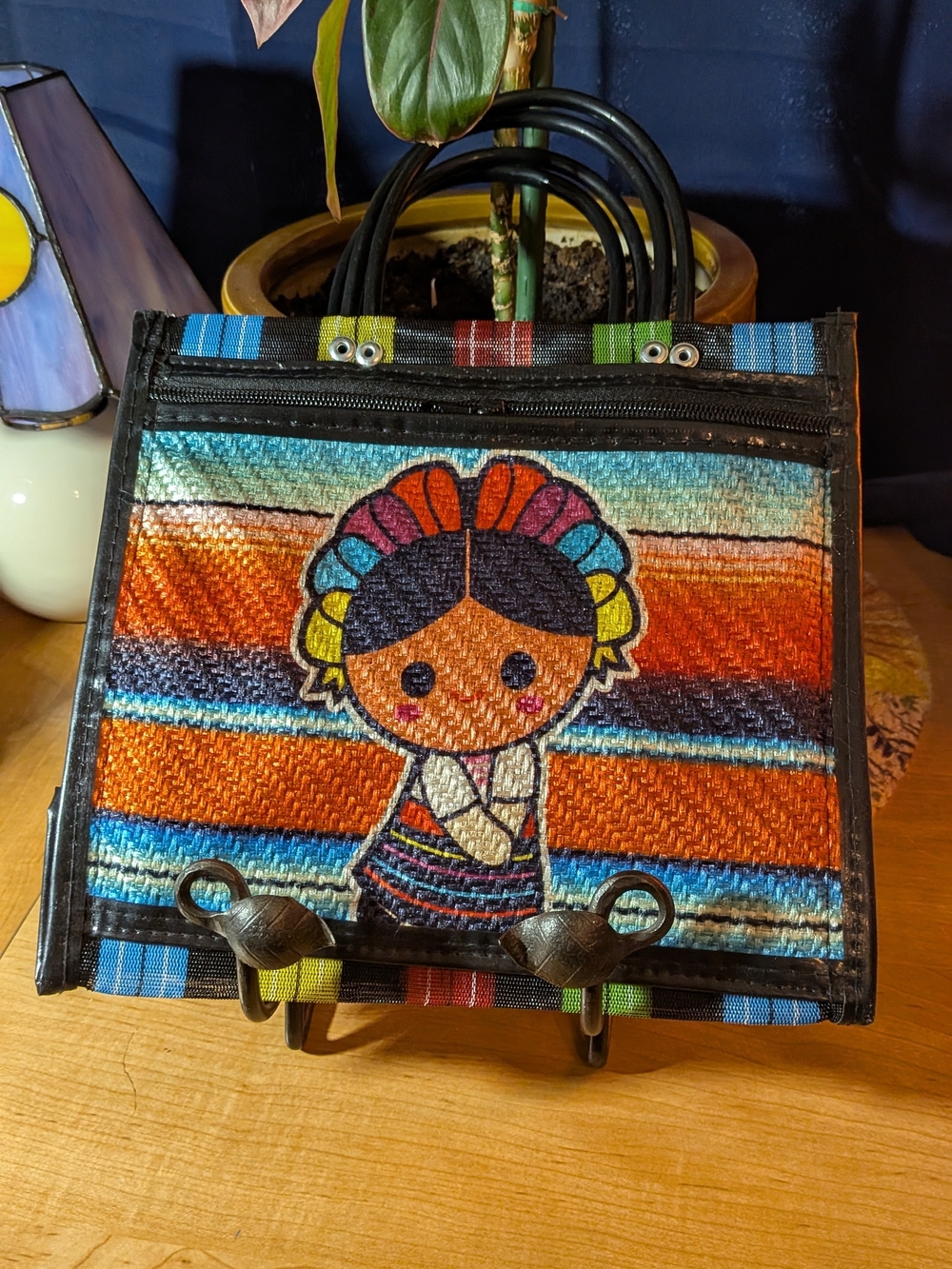 Boho Mercado Bag with Folk Art Girl Print | Charm Decor Mesh Bag